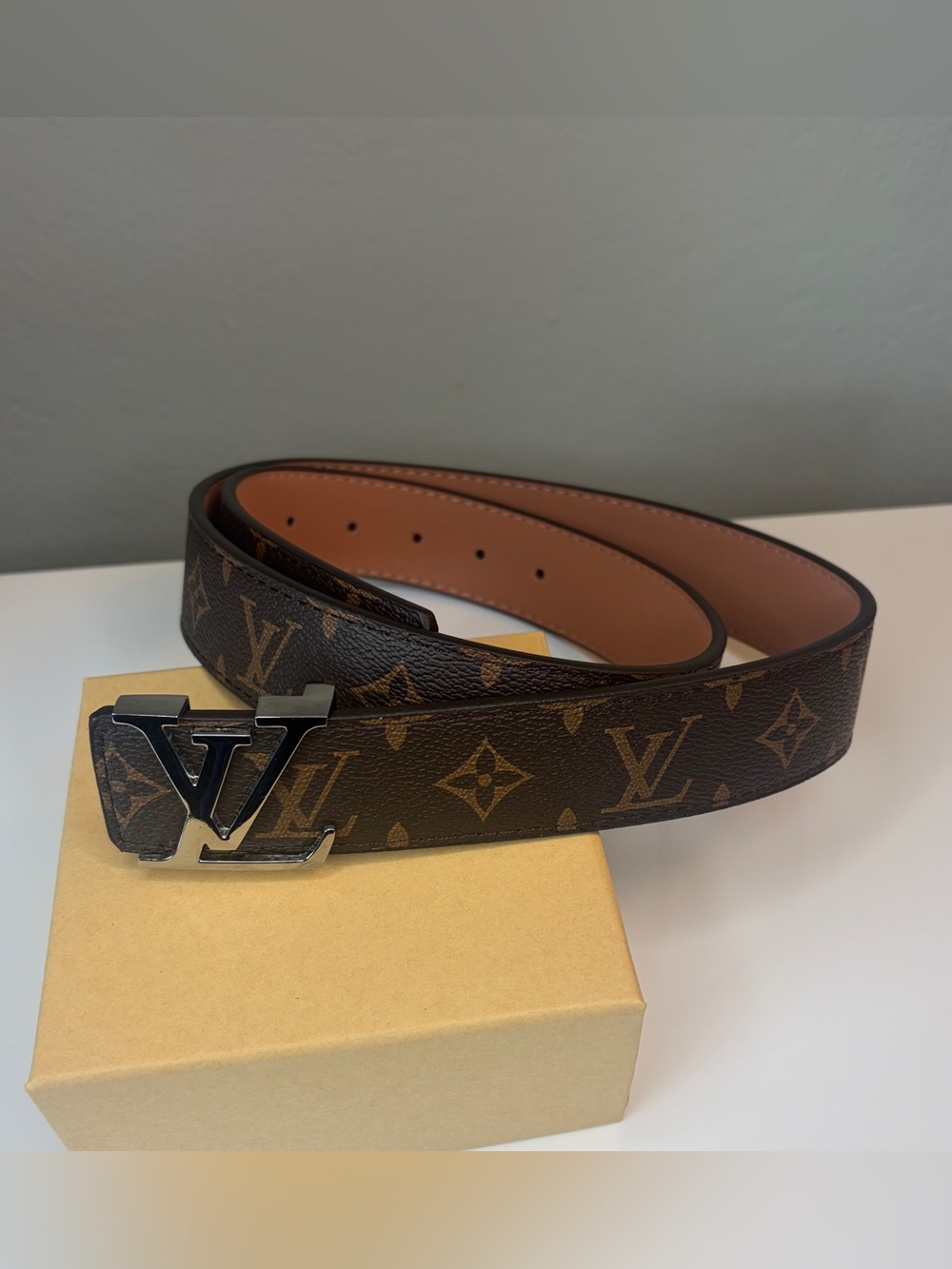 Mens Brown & Silver Monogram Genuine Leather Belt Fits Waist 34-36
